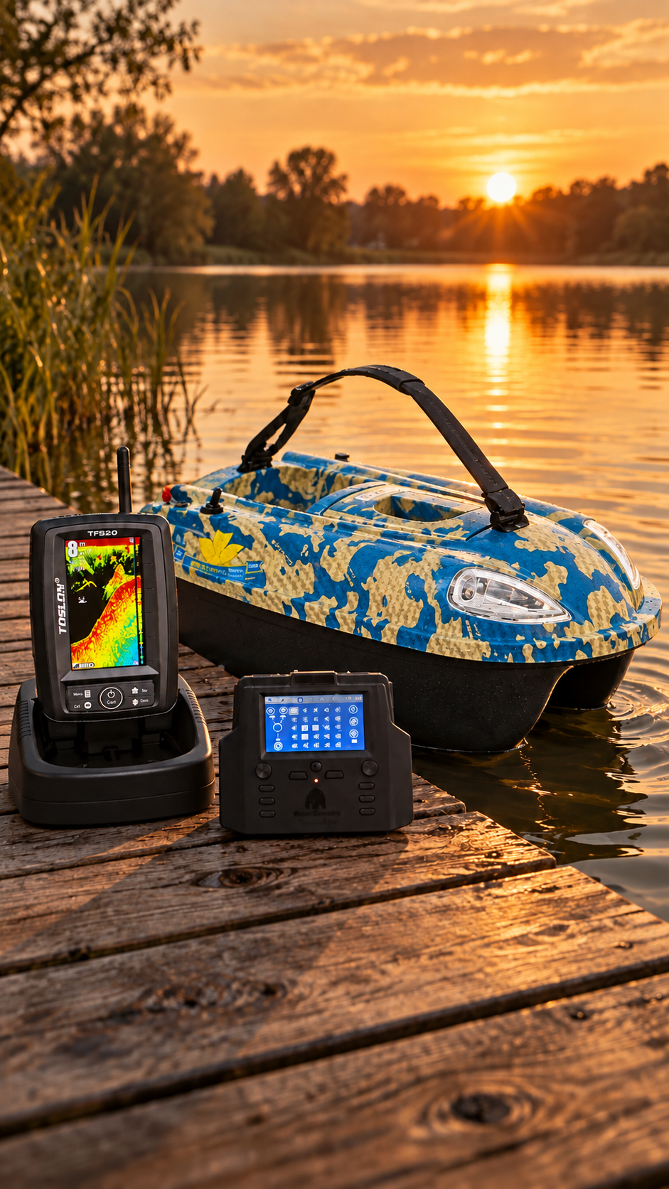 iPilot15 GPS-CAMOU Optik/Futterboot – kompaktes Köderboot mit 1,5 kg Kapazität/Autopilot/GPS/inkl. Farbecholot TF520